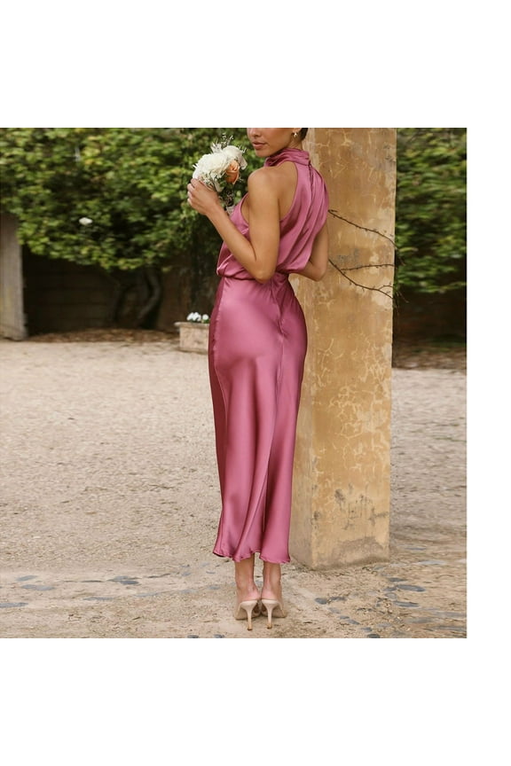 Mother Of The Bride Dresses For Wedding Women's Summer Long Formal Satin Dress Neck Sleeveless Flowy Maxi Tank,Hot Pink L