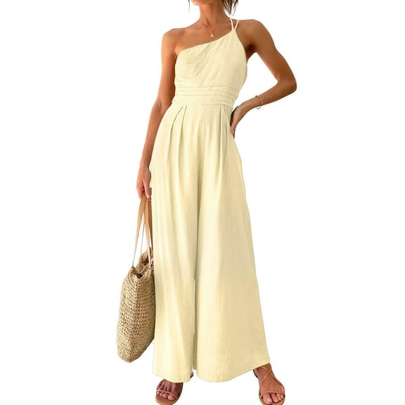 Aayomet OnePiece Jumpsuits For Women Women Summer Straps Jumpsuit One Shoulder Pleated High Waist Jumpsuit Casual Wide Leg,Beige S