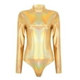 thumbnail image 1 of Aayomet OnePiece Jumpsuits For Women Women Yoga Jumpsuits Shiny Metallic Leather Neck Long Sleeve Leotard Bodysuit,Gold S, 1 of 5
