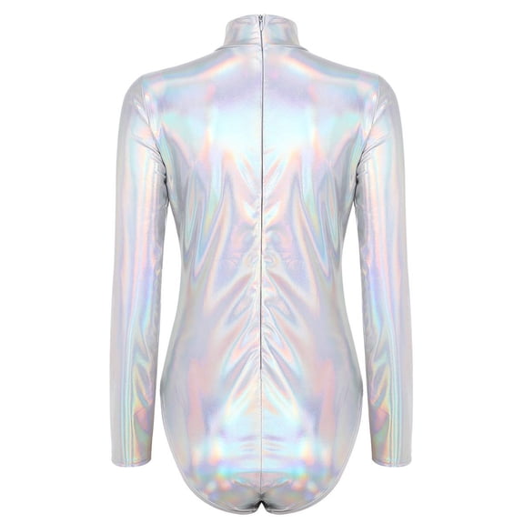 Aayomet OnePiece Jumpsuits For Women Women Yoga Jumpsuits Shiny Metallic Leather Neck Long Sleeve Leotard Bodysuit,Silver S