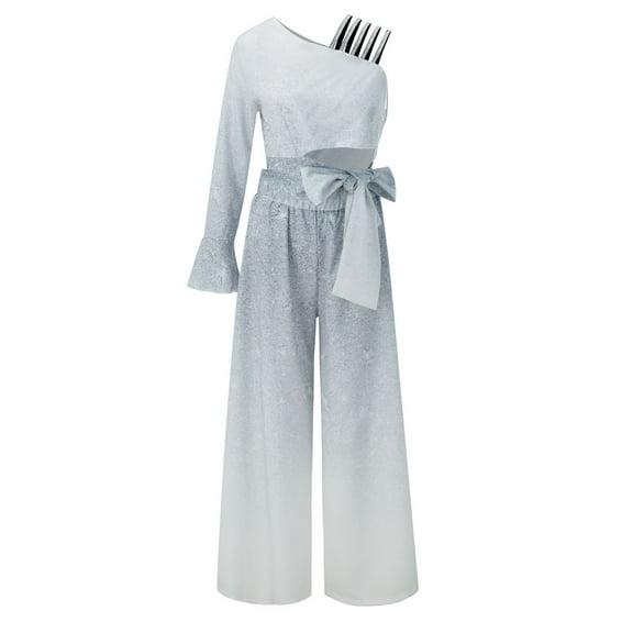 Aayomet OnePiece Jumpsuits For Women Women's Jumpsuits Casual Long Sleeve One Shoulder Shiny Wide Leg Jumpsuit,White M