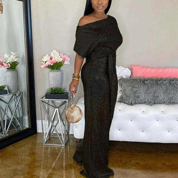 Aayomet OnePiece Jumpsuits For Women Women's Stylish Dress Pant Set Banquet Evening Dress Pants Jumpsuit Elegant Off Shoulder,Black XXL