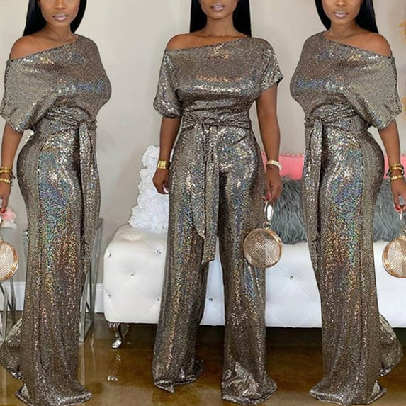 Aayomet OnePiece Jumpsuits For Women Women's Stylish Dress Pant Set Banquet Evening Dress Pants Jumpsuit Elegant Off Shoulder,Gold L