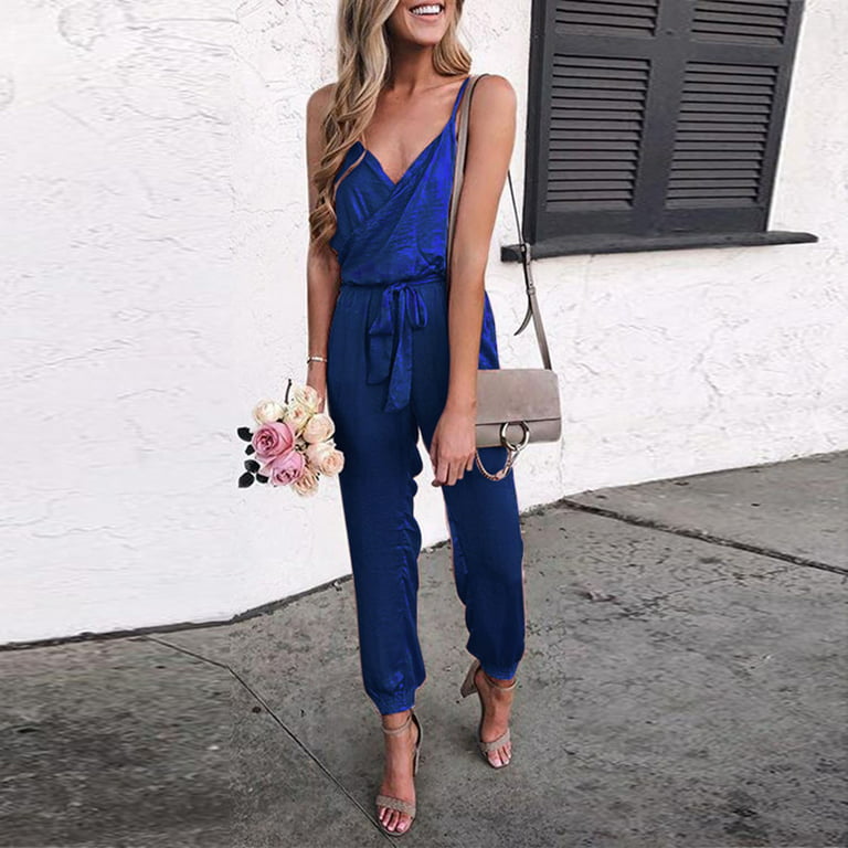 Aayomet Petite Jumpsuits for Women Womens Casual Loose Sleeveless Spaghetti  Strap Wide Leg Pants Jumpsuit Rompers,Blue M
