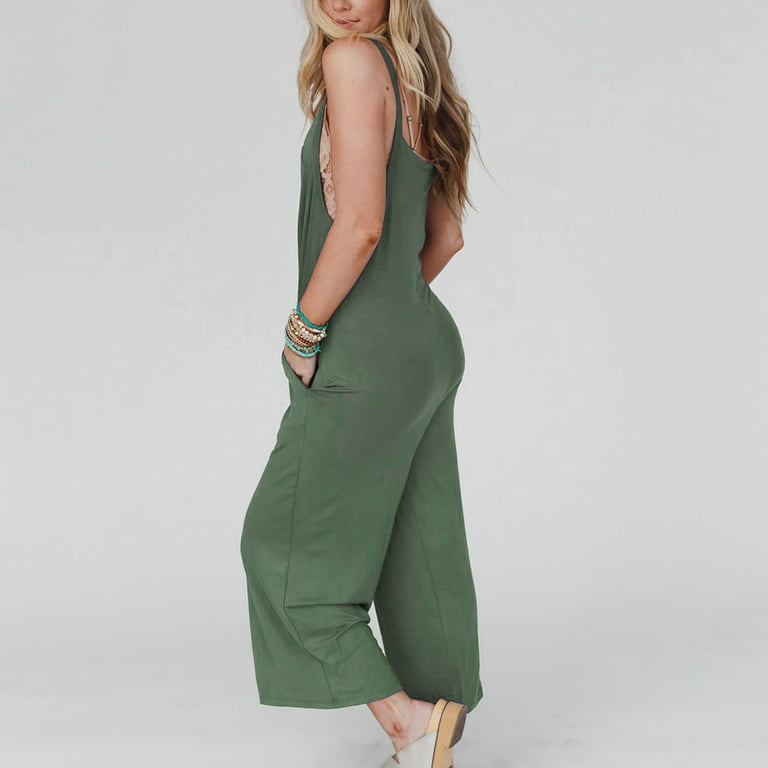 Aayomet Petite Jumpsuits for Women Womens Casual Summer Jumpsuit Sleeveless  Loose Solid Color Fashion Strap Loose Jumpsuit,Green L