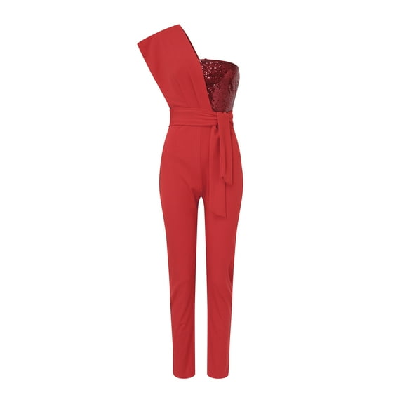 Aayomet Petite Jumpsuits for Women Womens Fashion Splicing Solid Color Slim Sleeveless Belt Decorative Beaded Jumpsuit,Red S