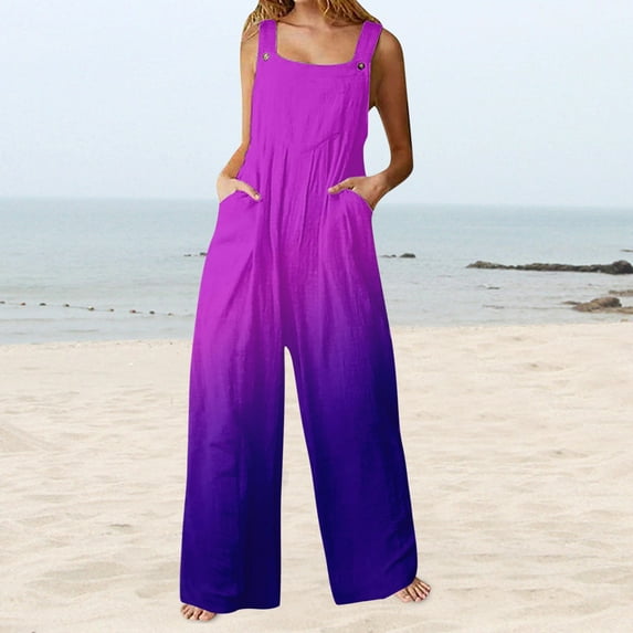 Aayomet Petite Jumpsuits for Women Womens Overalls Summer Casual Loose Sleeveless Patchwork Dual Pockets Jumpsuit Floral Print,Purple M