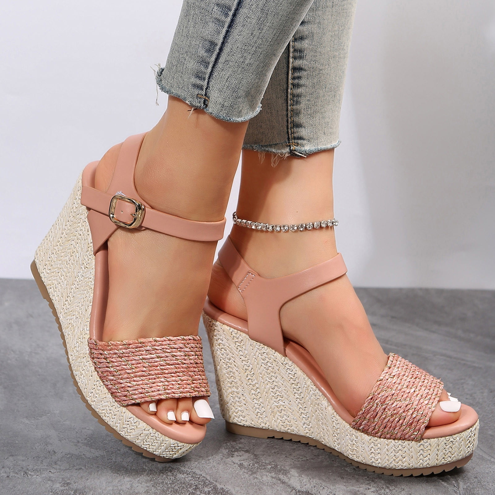 Aayomet Platform Sandals Fashion Women Summer Weave Wedges Breathable Buckle Strap Toe Sandals Comfortable Beach Shoes Pink 8
