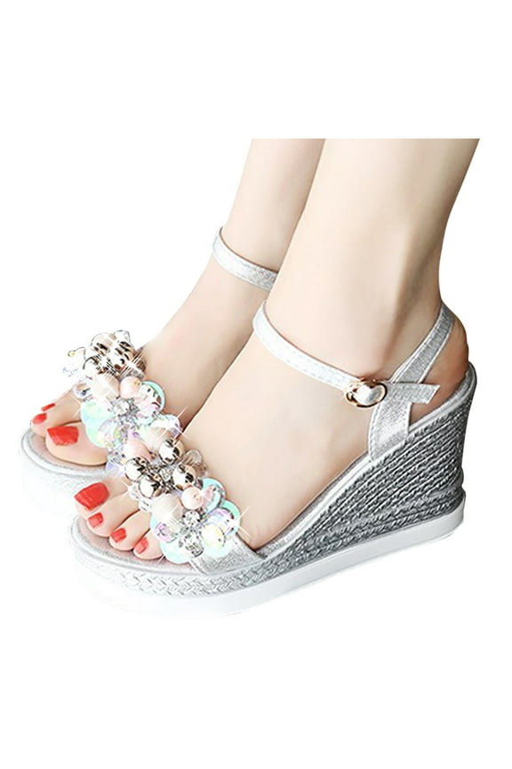 Platform Sandals High Sandals Platforms Heels Crystal Wedges Women Ladies Fashion Shoes Floral Women's sandals,Silver 7