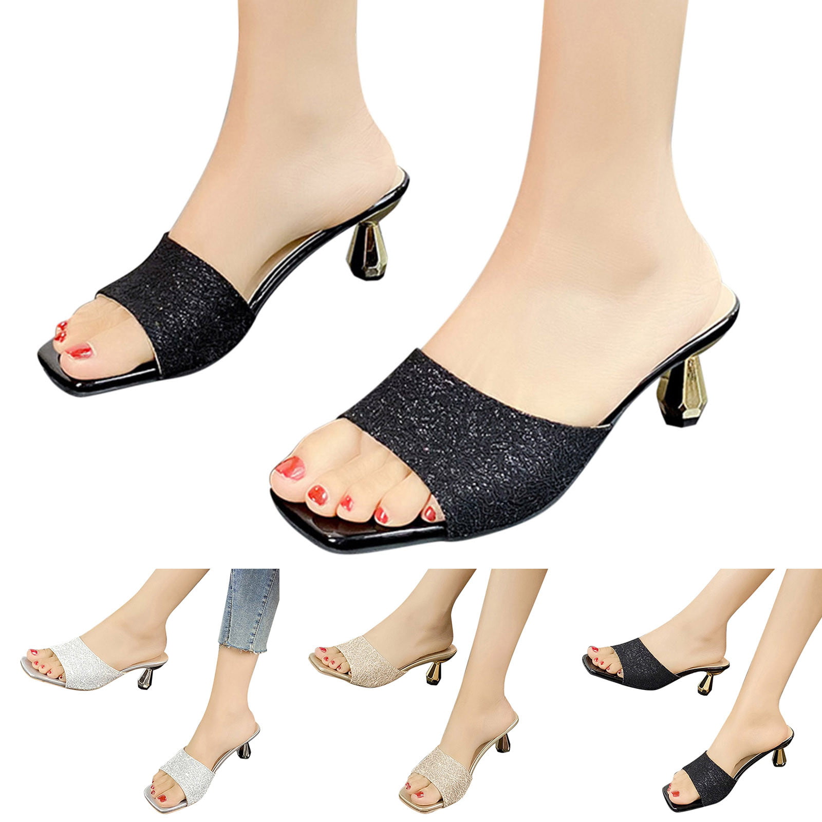YJXKJY Women's Summer New Brand Sandals Thin High Heel Simple Women Shoes  Black Red White Blue Gold Big Size 43 Ladies Slippers