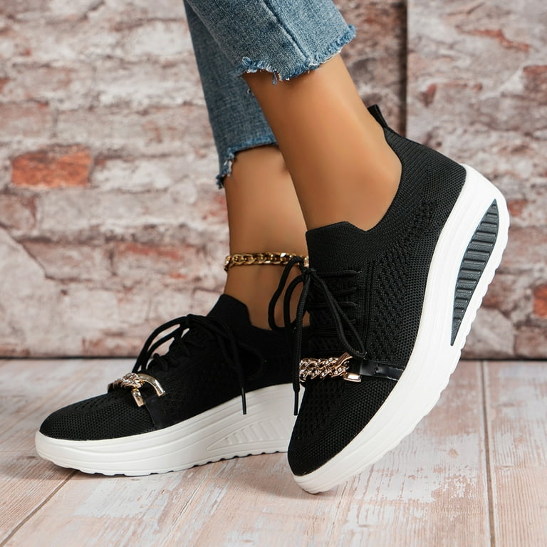 Aayomet Platform Sneakers Ladies Fashion Solid Color Breathable Mesh Metal  Chain Lace Up Platform Casual Sports Shoes,Black 6.5
