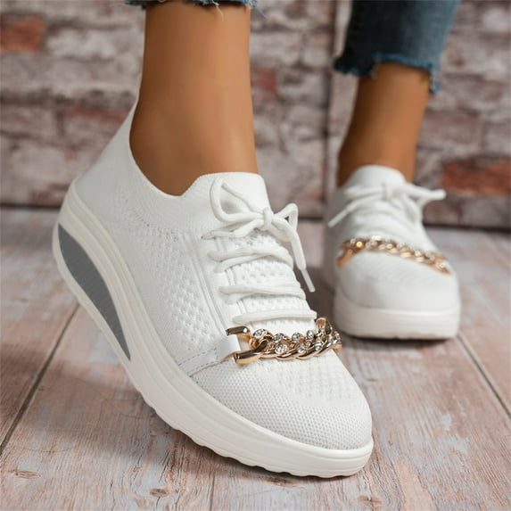 Aayomet Platform Sneakers Ladies Fashion Solid Color Breathable Mesh Metal Chain Lace Up Platform Casual Sports Shoes,White 7