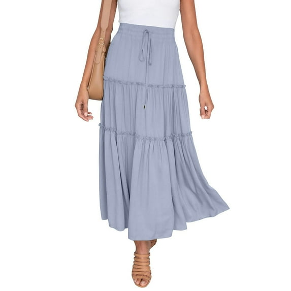 Aayomet Pleated Skirts For Women Women’s Elastic High Waist Boho Maxi Skirt Ruffle A Line Swing Long Skirts,Sky Blue Large