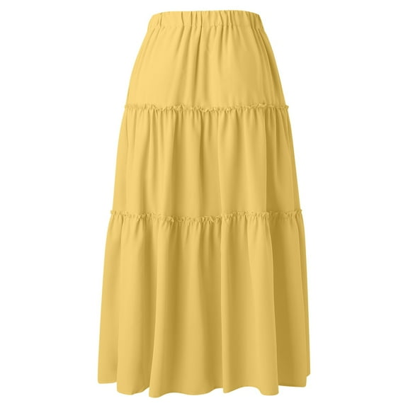 Aayomet Pleated Skirts For Women Women’s Elastic High Waist Boho Maxi Skirt Ruffle A Line Swing Long Skirts,Yellow X-Large