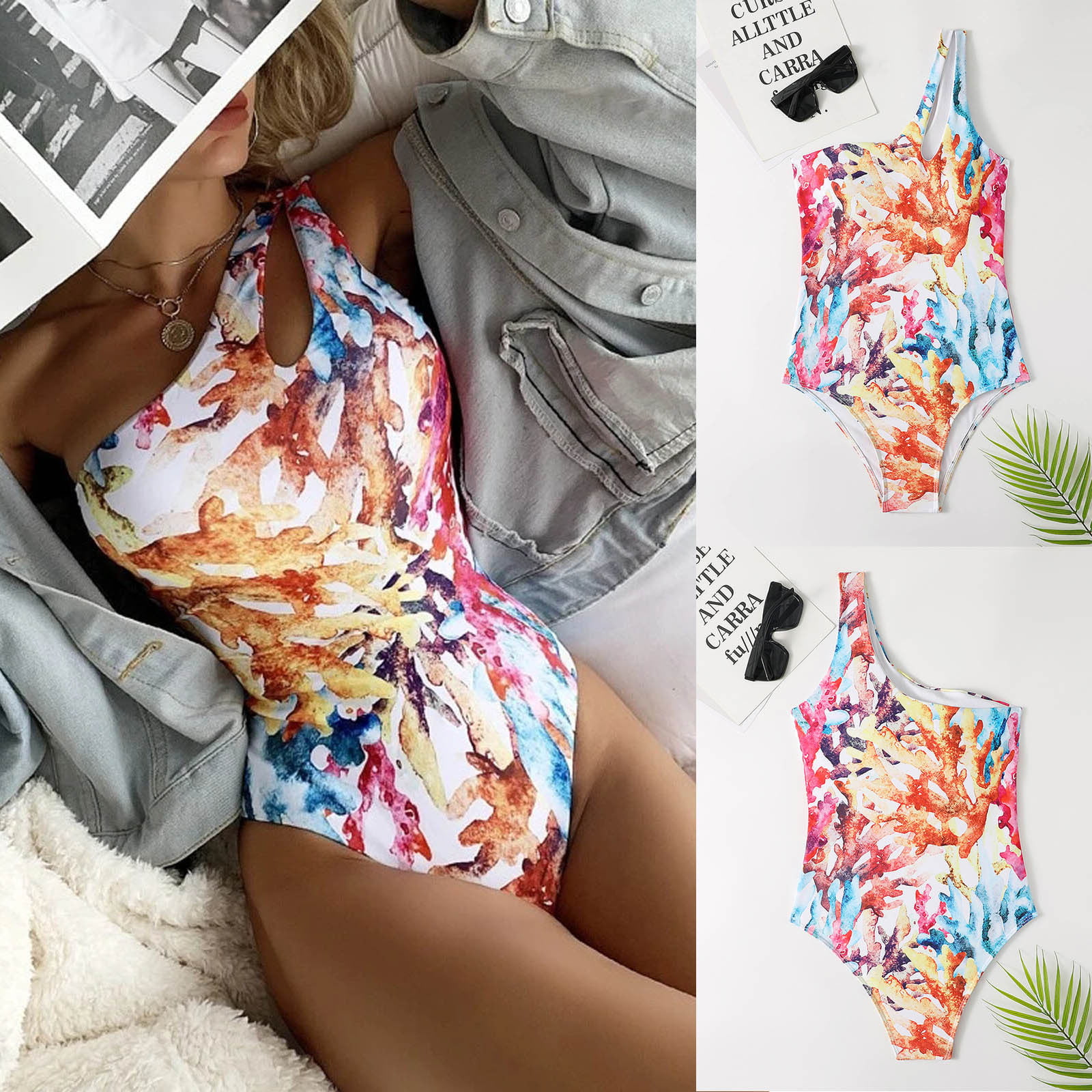 Aayomet Plus Size Bathing Suit for Women Bikini Coral Bikini Cutout Set  Women's One-Shoulder Bikini Swimwear Swimwears,Pink M 