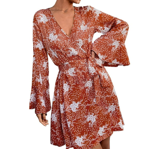 Aayomet Plus Size Dress For Women Womens Long Sleeve V-Neck Wrap Waist Maxi Dress