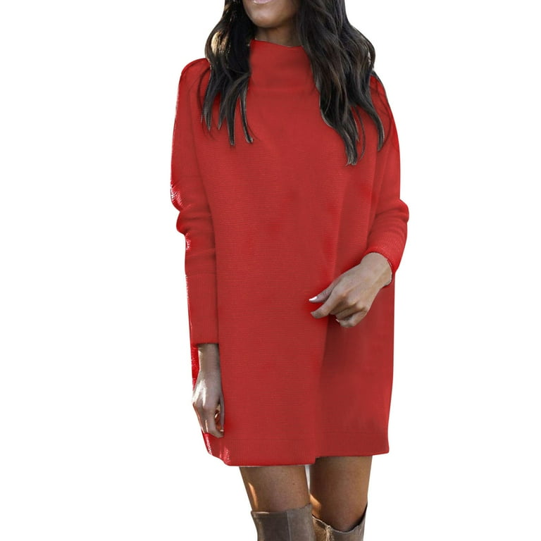 Aayomet Plus Size Dress for Women Casual V Neck Knit Mini Fall Sweater Dresses Long Sleeve Loose Fit Solid Color Ribbed Pullover Jumper Red M Walmart