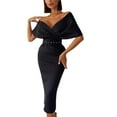 thumbnail image 1 of Aayomet Plus Size Dress for Women Women Elegant Dress Solid Color Dress Off Shoulder Dresses Party Club Evening V Neck,Black S, 1 of 5
