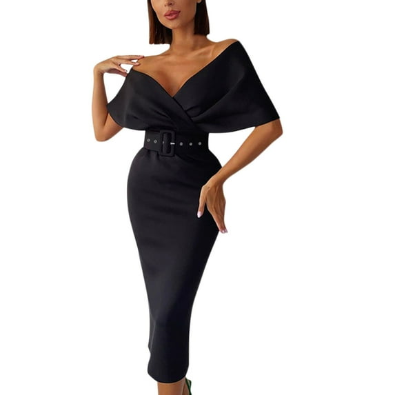 Aayomet Plus Size Dress for Women Women Elegant Dress Solid Color Dress Off Shoulder Dresses Party Club Evening V Neck,Black S