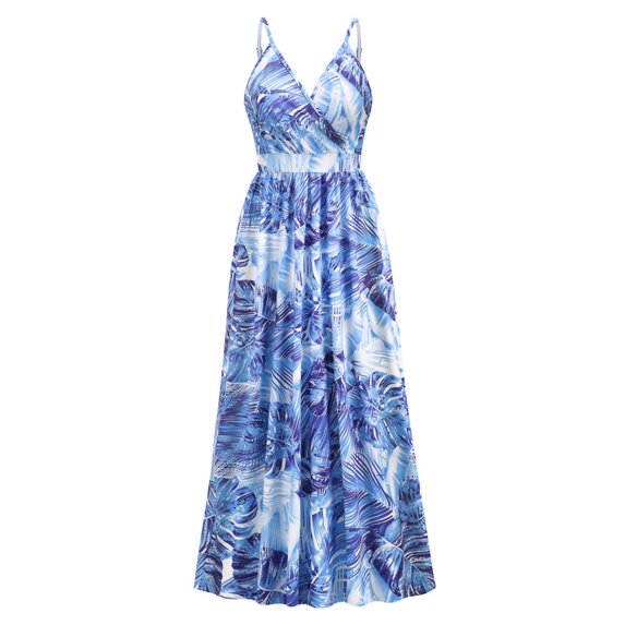 Aayomet Plus Size Dresses Womens Maxi Dresses Long Sleeve Floral Printed Casual V Neck Loose Party Dress Fall,Blue XXL