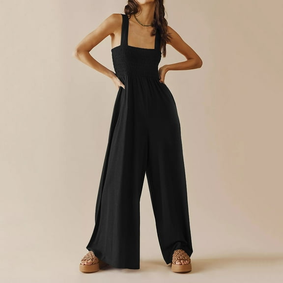 Aayomet Plus Size Jumpsuits For Women Women Slim Fit Tunic Jumpsuit Straps Wide Leg Bib Jumpsuit Jumpsuit With Pockets,Black S
