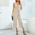 thumbnail image 1 of Aayomet Plus Size Jumpsuits For Women Women Solid Button V Neck Sleeveless Jumpsuit Medium Length Straight Trousers Backless Bow,Beige S, 1 of 5