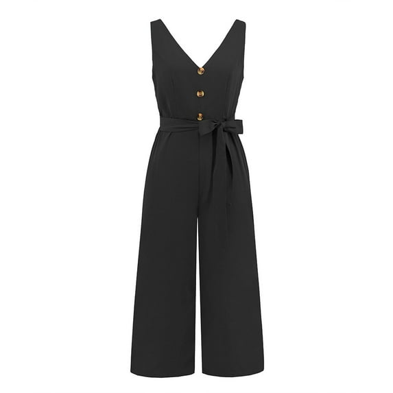 Aayomet Plus Size Jumpsuits For Women Women Solid Button V Neck Sleeveless Jumpsuit Medium Length Straight Trousers Backless Bow,Black L