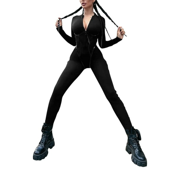 Aayomet Plus Size Jumpsuits For Women Women's Long Tight Jumpsuit Long Sleeve Sports Jumpsuit With Zip Playsuits Sporty Romper,Black S