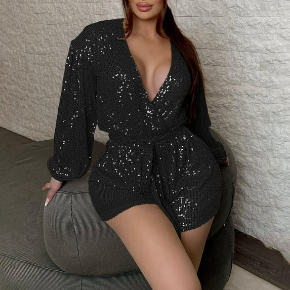 Aayomet Plus Size Jumpsuits For Women Women's Nightclub Sequin Long Sleeve V Neck Jumpsuit Slim Fit Party Bodysuit With,Black M