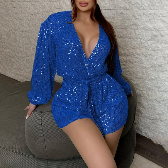 Aayomet Plus Size Jumpsuits For Women Women's Nightclub Sequin Long Sleeve V Neck Jumpsuit Slim Fit Party Bodysuit With,Blue M
