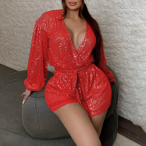 Aayomet Plus Size Jumpsuits For Women Women's Nightclub Sequin Long Sleeve V Neck Jumpsuit Slim Fit Party Bodysuit With,Red XXL