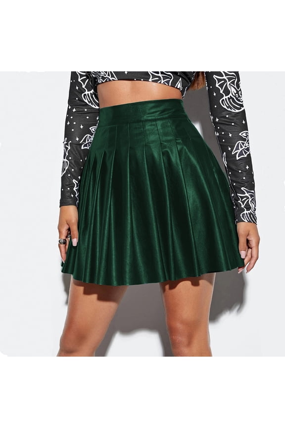 Plus Size Skirt Women Fashion Pleated Skirt Waist High Leather Skirt Short Elegant Solid Skirt,Green X-Large