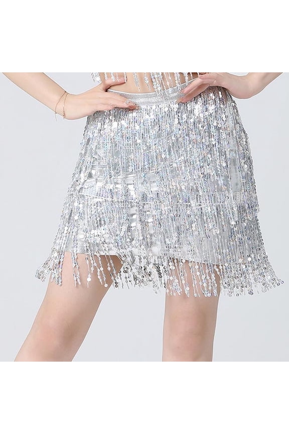 Plus Size Skirt Women'S Sequin Bag Skirt Belly Dance Skirt Flow Su Sequin Wrap Women'S Skirt,Silver Large