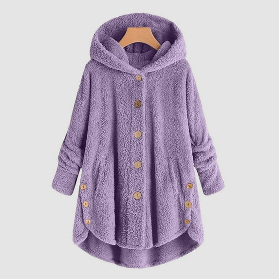 Aayomet Plus Size Winter Coats for Women 2023 Warm Sherpa Lined Distressed Jackets Hooded Parka Suede Pea Coat Outerwear (Purple, XXXXL)