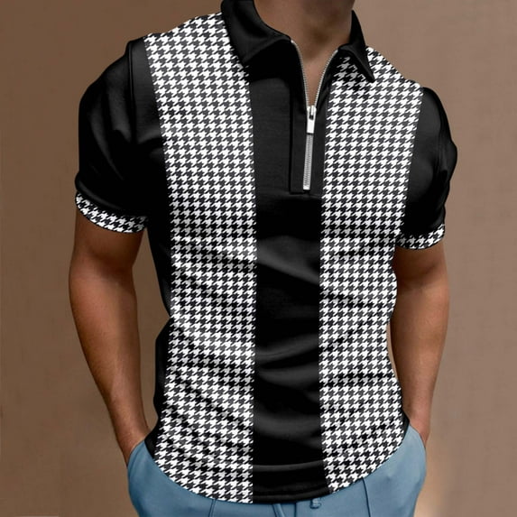 Aayomet Polo Shirts For Men Male Summer Casual Houndstooth Print Zipper Turn Down Collar Big And Tall Mens Black,XL