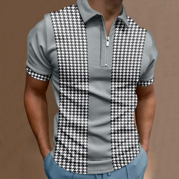 Aayomet Polo Shirts For Men Male Summer Casual Houndstooth Print Zipper Turn Down Collar Big And Tall Mens Gray,XL