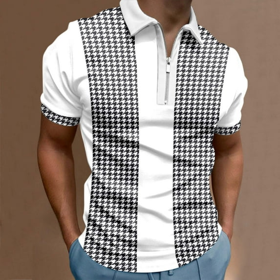 Aayomet Polo Shirts For Men Male Summer Casual Houndstooth Print Zipper Turn Down Collar Big And Tall Mens White,3XL