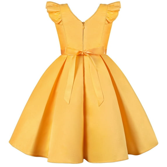 Aayomet Princess Dresses For Girls Girls Lace Dress with Belt Princess Wedding Party Dress with Pom Pom Flower Girl Dress,Yellow 5-6 Years