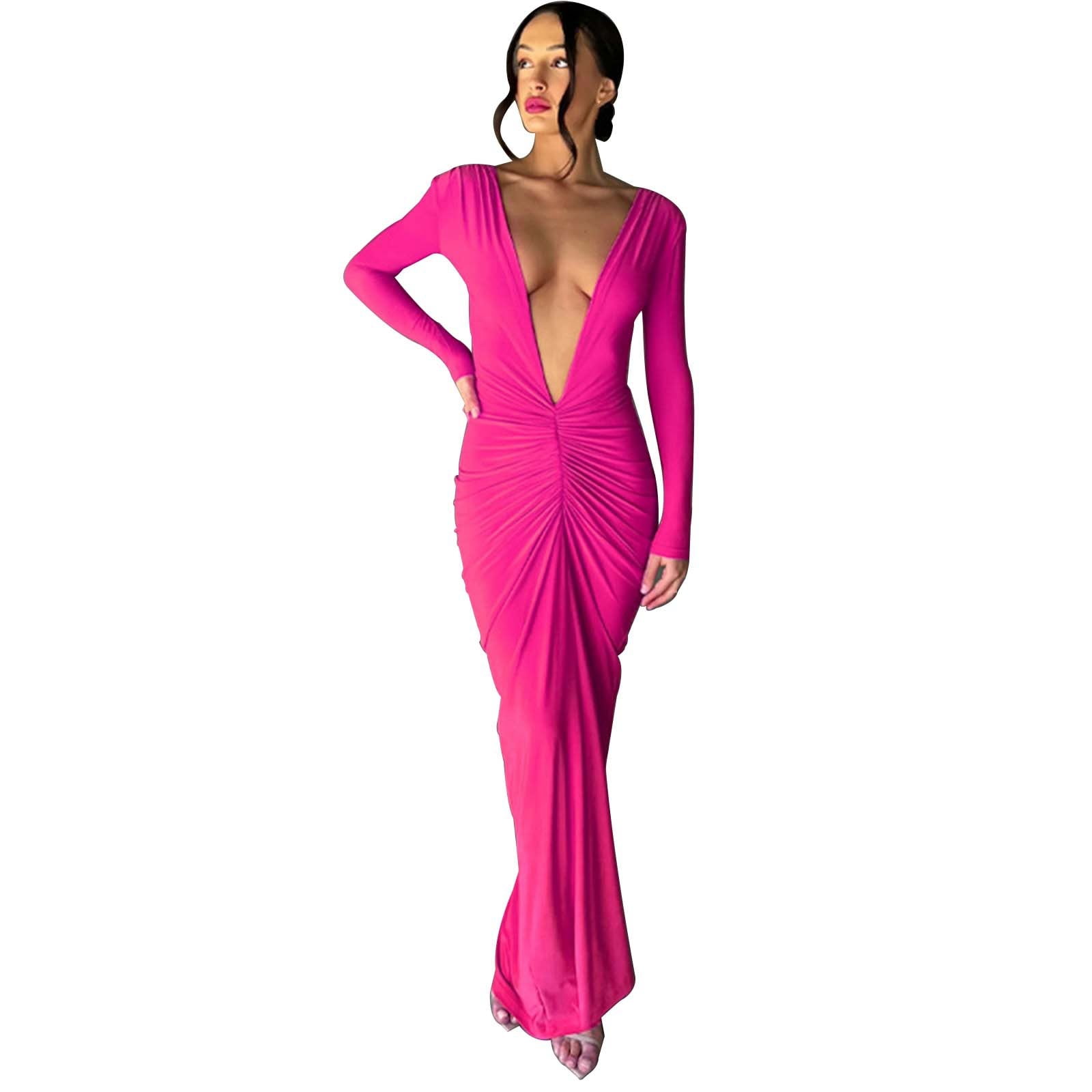 MBBJM Women's V Neck Slit Side Ruffle Pink Dress Elegant Ladies Evening  Dress Women Nightclub Prom Wedding Long Maxi Dress (Color : C, Size : M):  Buy Online at Best Price in