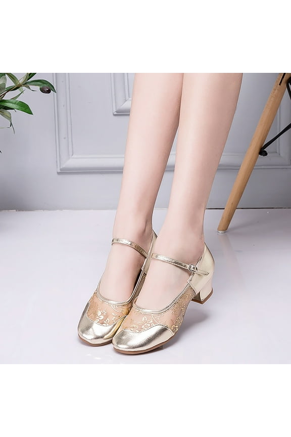 Pumps Shoes Women Women's Middle Heel Mesh Buckle Latin Dance Shoes Single Shoe Dance Shoes,Gold 8
