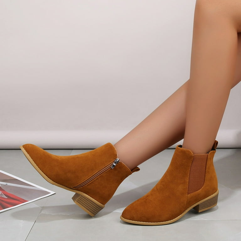 Aayomet Rain Boots Solid Color Suede Pointed Side Zipper Thick Heel Short Boots Brown 8.5