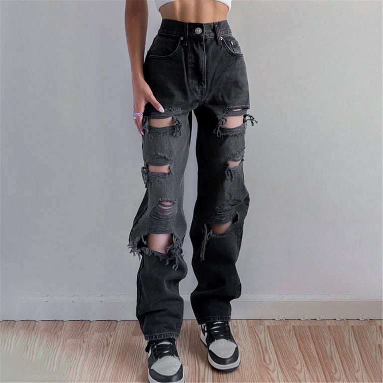 Aayomet Ripped Jeans Baggy Wide Leg Jeans Non-Stretch Fabric High