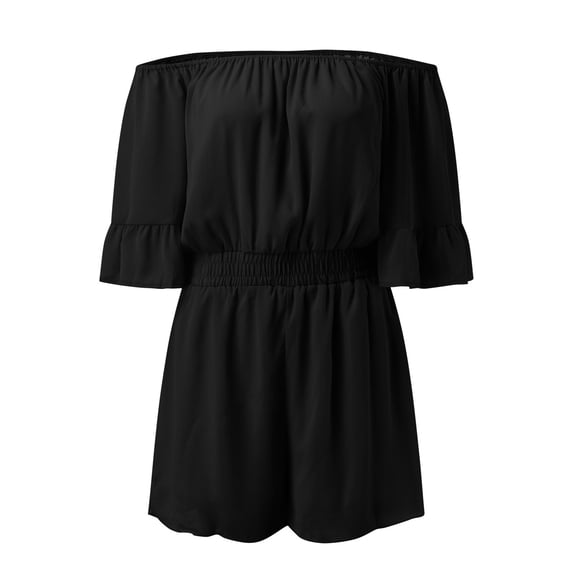 Aayomet Rompers for Women Solid Color Romper Casual Off Shoulder Strapless Shorts Jumpsuits (Black, M)