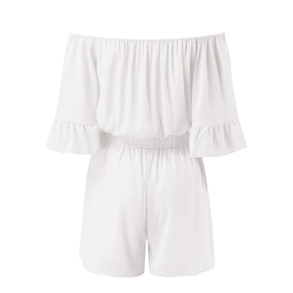 Aayomet Rompers for Women Solid Color Romper Casual Off Shoulder Strapless Shorts Jumpsuits (White, S)