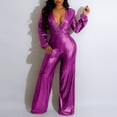 thumbnail image 1 of Aayomet Rompers for Women V Neck Jumpsuits Slim Fit Nightclub Style Long Sleeve Wide Leg Jumpsuit (Purple, S), 1 of 5