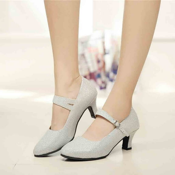 Aayomet Sequins Shoes Dancing Women's Social Ballroom Latin Dance Shoe Shoes Tango Comfortable High Heels for Women Fat Edge,Silver 5