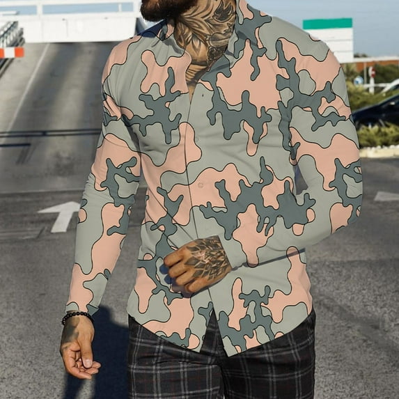 Aayomet Shirts For Men Men Autumn Winter Single Breasted Casual Lapel Full Print Beach Long Sleeve Mens Workout Shirts Pink,XXL