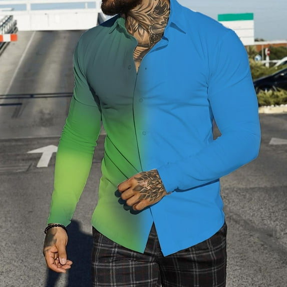 Aayomet Shirts For Men Men Autumn Winter Single Casual Lapel Full Print Beach Long Sleeve Mens Beach Shirts Blue,XXL