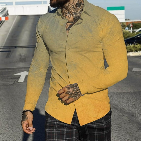 "Aayomet Shirts For Men Men Autumn Winter Single Casual Lapel Full Print Beach Long Sleeve Mens Beach Shirts Yellow,4XL"