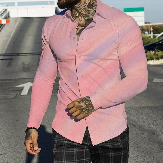 Aayomet Shirts For Men Men Autumn Winter Single Casual Lapel Full Print Beach Long Sleeve Mens Linen Shirt Pink,XXL